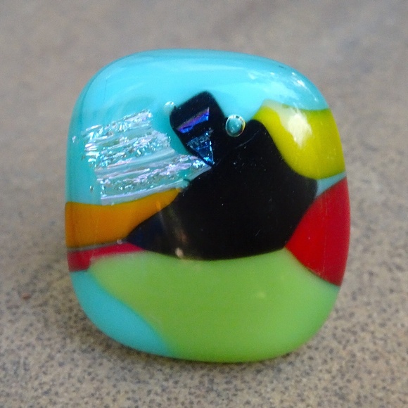Artsy Iridescent Unique Colorful Dichroic Handblown Glass Square Statement Ring - Picture 2 of 8